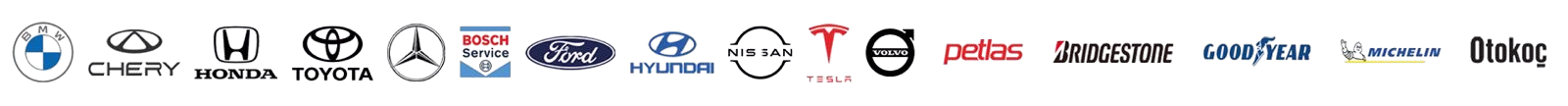 Çalıştığımız markalar: BMW, Honda, Toyota, Mercedes, Bosch, Ford, Hyundai, Nissan, Tesla, Volvo, Petlas, Bridgestone, Goodyear, Michelin, Otokoç